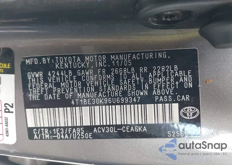 2006 Toyota Camry Xle из США, поврежденный, VIN 4T1BE30K96U699347